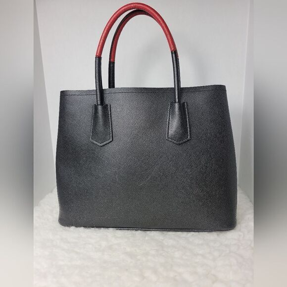 Prada Saffiano Women's 2 Tone Red And Black Large Double Tote Bag - Picture 2 of 15